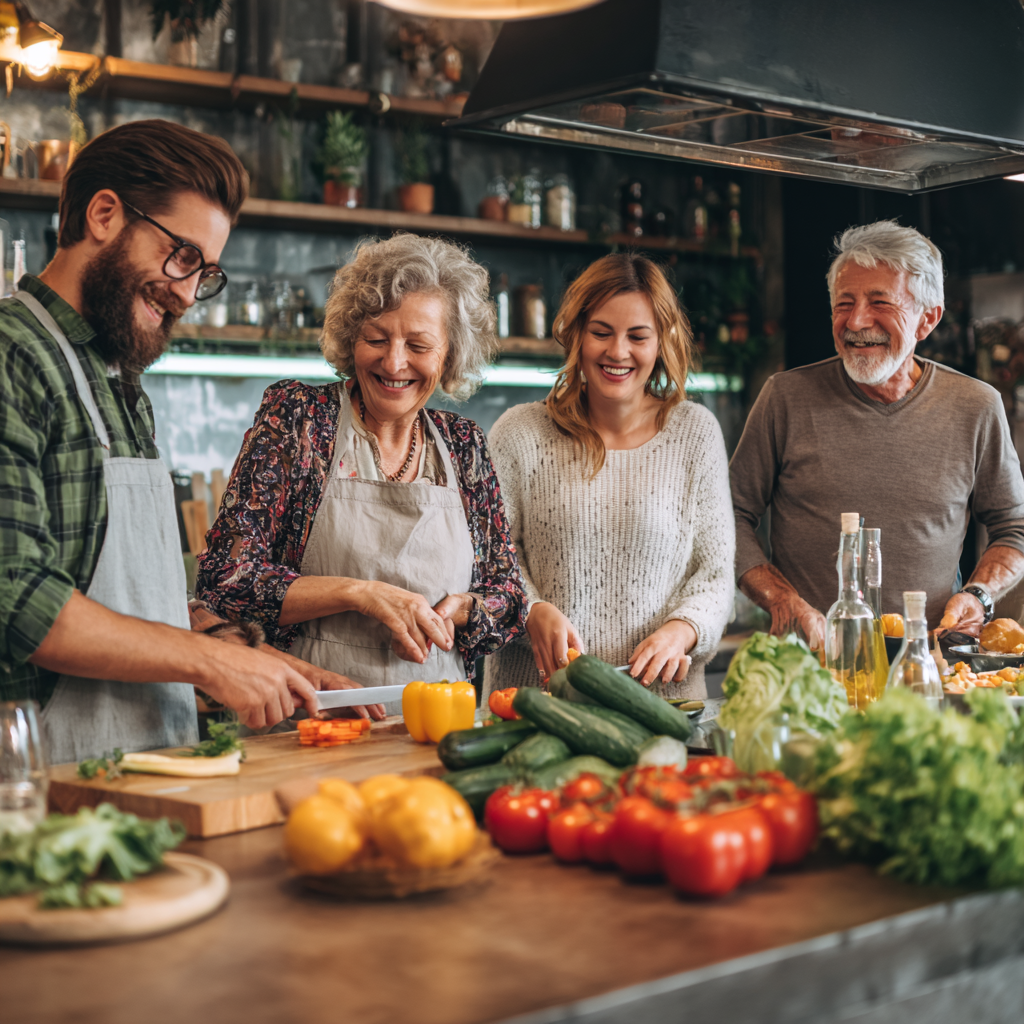 Spokojná rodina zo Slovenska pri príprave zdravého jedla v kuchyni s úsmevom
